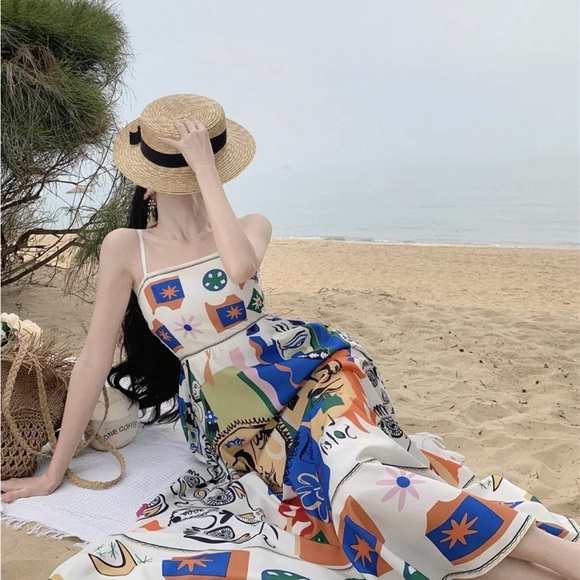 (last 1) 24hr SALE💗Ete Ensoleillé boho french print summer midi dress resort - Picture 6 of 9